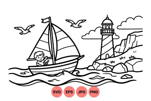 Download Boy Sailing Lighthouse SVG Design - Premium Resources